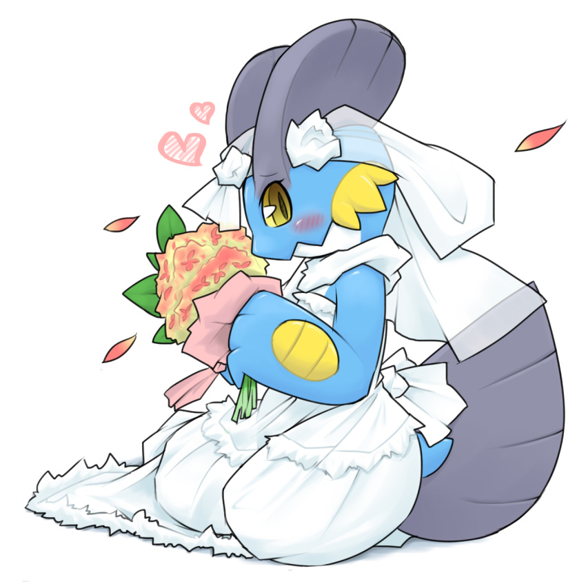 1girl animal_hands blue_skin blush bouquet bridal_veil closed_mouth clothed_pokemon colored_sclera colored_skin commentary_request dress flat_chest flower from_side full_body furry furry_female hands_up head_fins heart highres holding holding_bouquet kame_(3t) looking_at_viewer multicolored_skin petals pokemon pokemon_(creature) raised_eyebrows red_flower see-through simple_background sitting sleeveless sleeveless_dress solo swampert tail two-tone_skin veil wedding_dress white_background white_dress white_skin yellow_eyes yellow_sclera yokozuwari