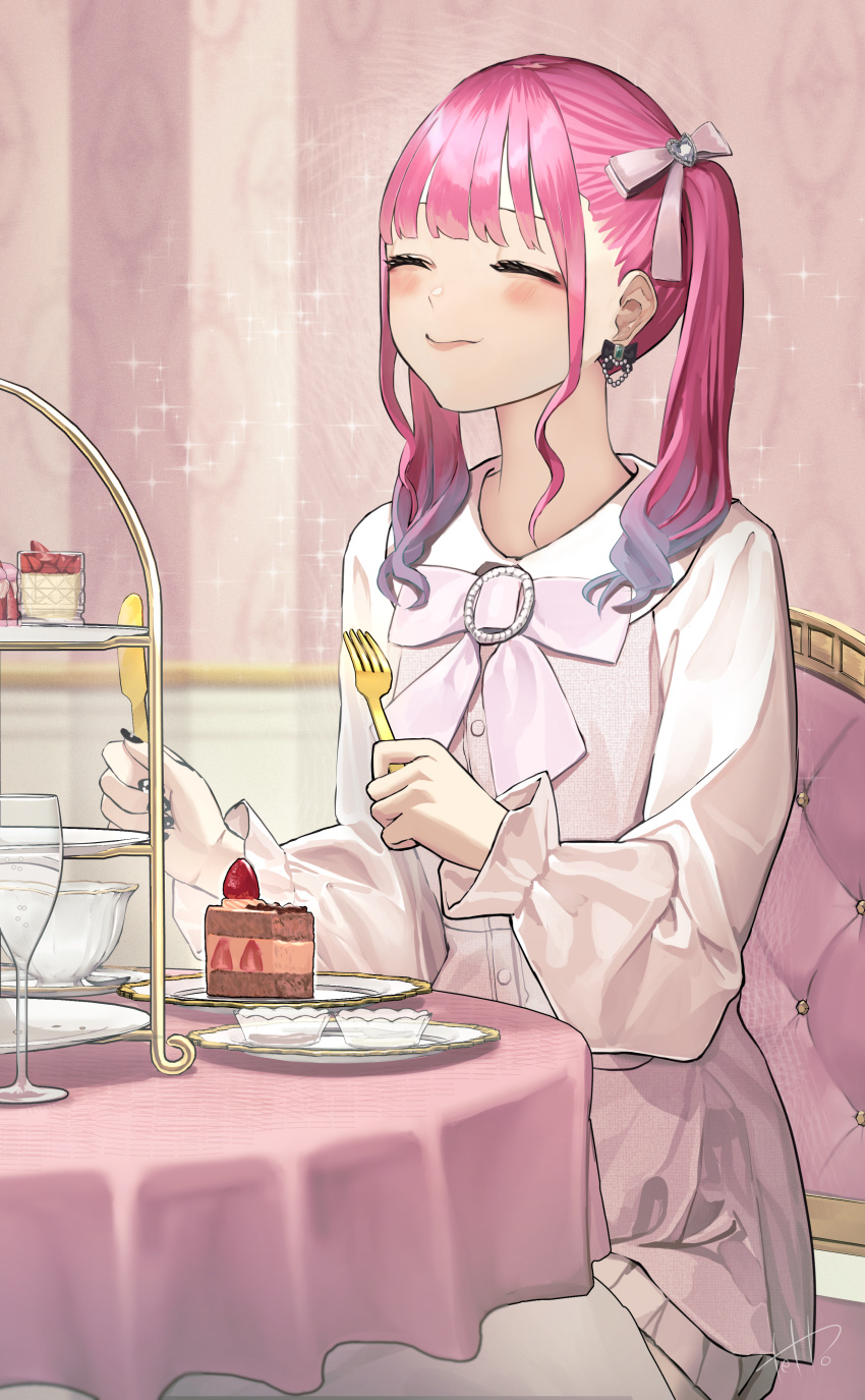 absurdres bangs black_nails blunt_bangs blush bow bowtie buta5813 cake cake_slice chair closed_eyes closed_mouth collared_shirt commentary cup earrings eating flat_chest food fork frills glass gradient_hair hair_bow highres hinamizawa_hinami holding holding_knife indoors jewelry jirai_kei knife light_particles long_sleeves medium_hair miniskirt multicolored_hair original pantyhose pink_bow pink_bowtie pink_hair pink_skirt plate purple_hair shirt short_twintails signature skirt sparkle table tiered_tray twintails white_pantyhose white_shirt