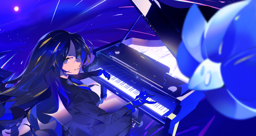 1girl absurdres bangs black_hair black_jacket black_pants blue_gloves blue_shirt blurry blurry_foreground breasts commentary_request eyelashes geeta_(pokemon) ghooost glimmora gloves grey_eyes highres instrument jacket long_hair long_sleeves looking_to_the_side music neck_ribbon pants parted_lips piano playing_instrument pokemon pokemon_(creature) pokemon_(game) pokemon_sv ribbon shirt sitting smile yellow_ribbon
