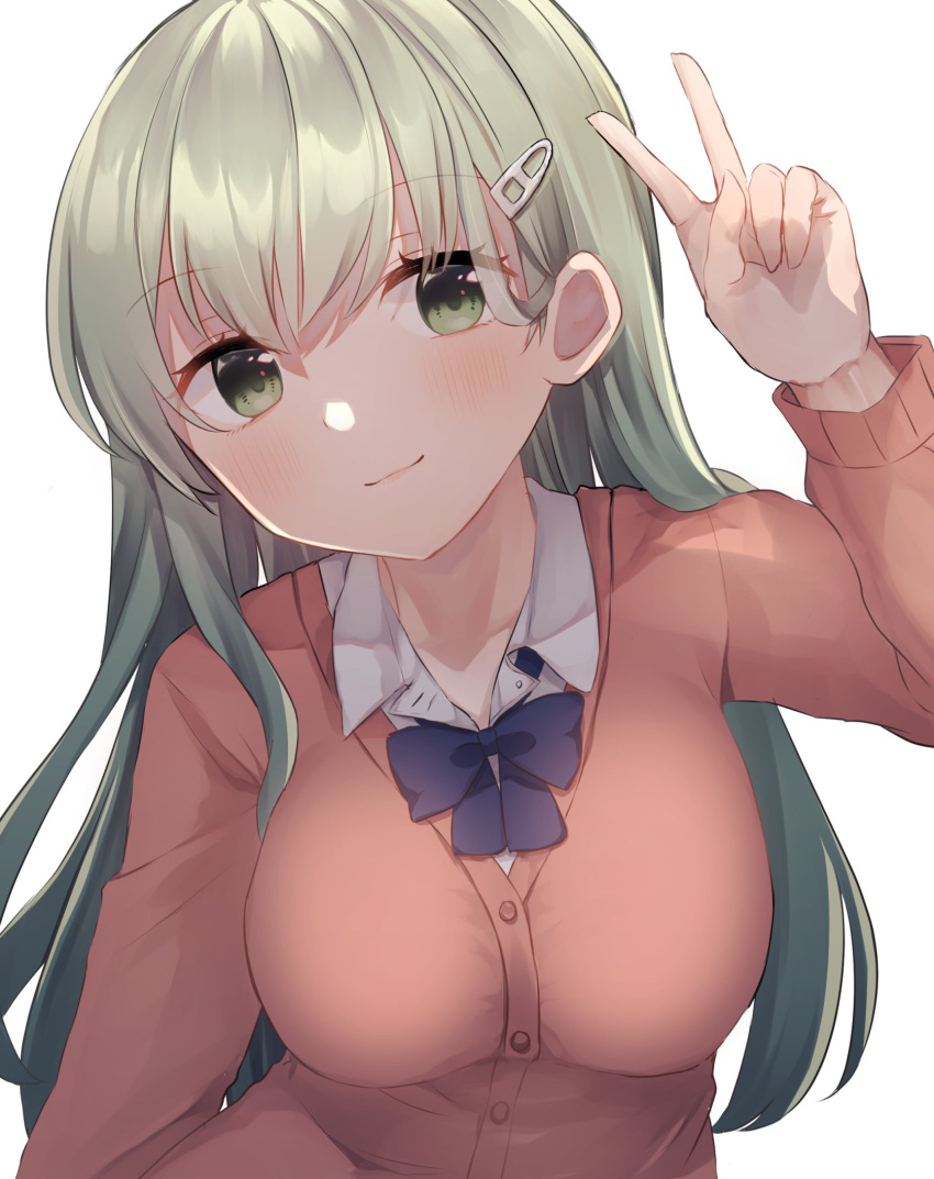 1girl blue_bow blue_bowtie bow bowtie breasts cardigan collared_shirt commentary_request commission dress_shirt green_eyes green_hair hair_ornament hairclip highres kantai_collection leaning_forward long_hair medium_breasts official_alternate_costume pink_cardigan school_uniform shirasumato shirt simple_background skeb_commission smile solo suzuya_(kancolle) upper_body v white_background white_shirt