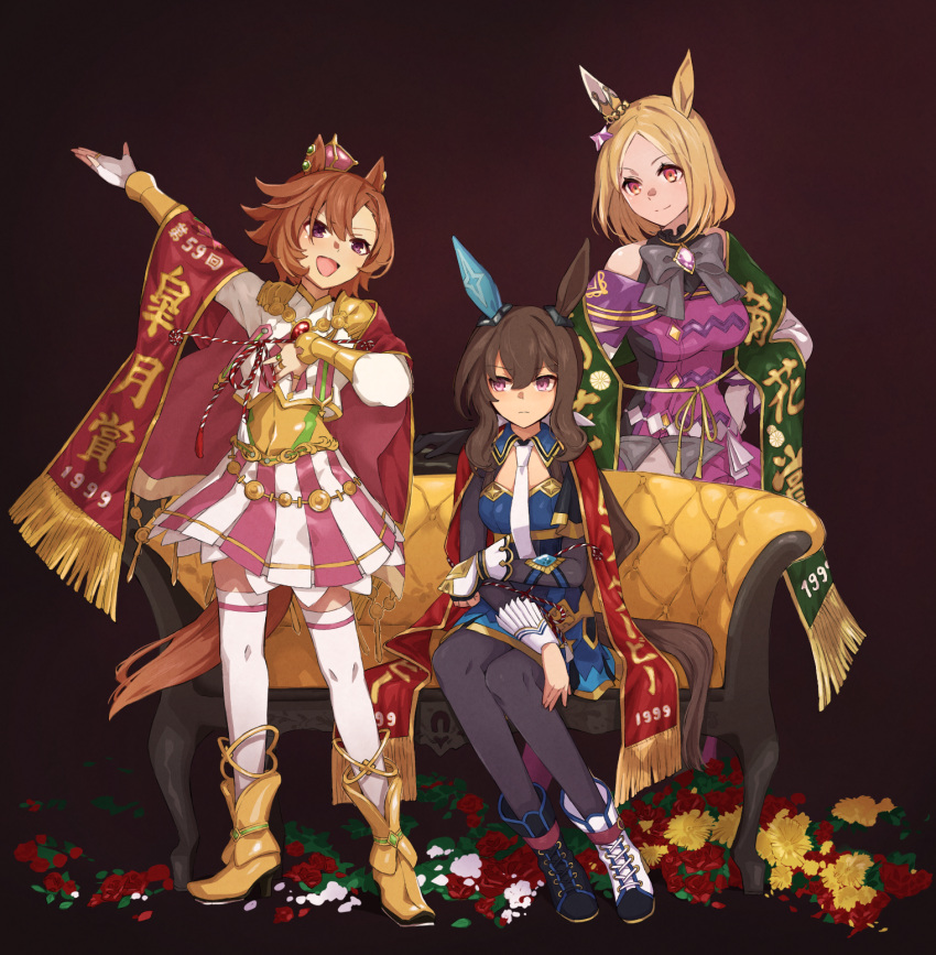 3girls admire_vega_(umamusume) animal_ears armor asymmetrical_footwear bikini black_pantyhose blonde_hair boots bow bowtie breasts brown_hair closed_mouth corset couch crown fingerless_gloves flower full_body gloves hand_on_hip hand_on_own_chest high_heel_boots high_heels highres horse_ears horse_girl horse_tail jacket jewelry long_hair long_sleeves medium_breasts mini_crown mismatched_footwear multiple_girls nanaheibei_3 narita_top_road_(umamusume) necktie off-shoulder_bikini off_shoulder open_mouth orange_eyes outstretched_arm pantyhose purple_jacket ring shirt short_hair shoulder_armor sitting small_breasts smile standing swimsuit t.m._opera_o_(umamusume) tail thigh-highs two-tone_skirt umamusume violet_eyes white_gloves white_necktie white_shirt white_thighhighs