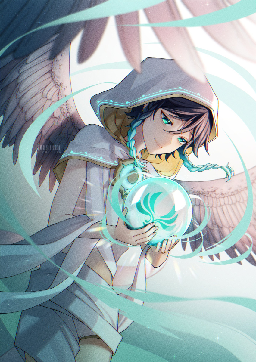 1boy absurdres artist_name bangs black_hair blue_background blue_gemstone blue_hair blue_theme braid cape closed_mouth english_commentary feathered_wings fingernails gem genshin_impact gradient_background gradient_hair green_eyes hair_between_eyes hair_ornament hands_up highres holding holding_gem hood koohiirin looking_down male_focus multicolored_hair official_alternate_costume short_hair shorts smile solo sparkle standing twin_braids venti_(archon)_(genshin_impact) venti_(genshin_impact) vision_(genshin_impact) white_background white_cape white_shorts wings