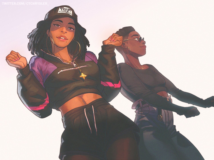 2girls alternate_hairstyle annie_mei_project black_hair black_headwear black_pantyhose black_shorts breasts brown_lips bucket_hat buzz_cut caleb_thomas celine_(annie_mei_project) commentary cropped_hoodie cropped_sweater dancing dark-skinned_female dark_skin drawstring dreadlocks earrings english_commentary gold_necklace hat high-waist_pants high-waist_shorts hood hood_down hoodie hoop_earrings jewelry medium_breasts medium_hair midriff mole mole_under_mouth multiple_girls nail_polish necklace nose pantyhose pink_lips pink_nails retro_mei short_hair shorts sleeves_past_wrists small_breasts star_(symbol) star_necklace sunglasses teeth thick_eyebrows toned upper_teeth_only very_dark_skin very_short_hair w_arms web_address white_background zipper_pull_tab