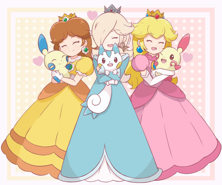 3girls blonde_hair blue_dress brown_hair chocomiru closed_eyes crown dress earrings highres holding holding_pokemon jewelry long_dress long_hair minun multiple_girls open_mouth pachirisu pink_dress plusle pokemon pokemon_(creature) princess_daisy princess_peach rosalina smile super_mario_bros. yellow_dress