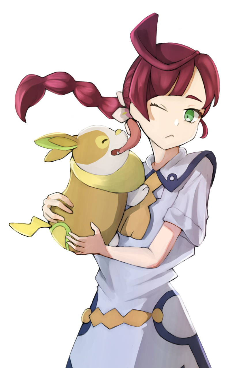 1girl ;&lt; braid braided_ponytail chloe_(pokemon) closed_mouth collared_dress commentary_request dress eyelashes floating_hair flower green_eyes hair_flower hair_ornament highres holding holding_pokemon licking licking_another's_face long_hair one_eye_closed pokemon pokemon_(anime) pokemon_(creature) pokemon_journeys redhead short_sleeves sougo_ekaki tongue white_background yamper