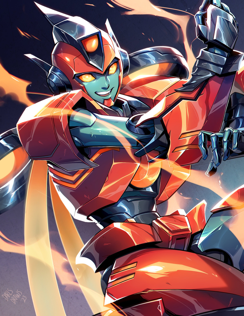 1girl absurdres clenched_hand english_commentary highres leaning_back lina_rojas looking_at_viewer mecha open_mouth orange_eyes robot science_fiction smile solo transformers transformers:_earthspark twitch_(transformers)