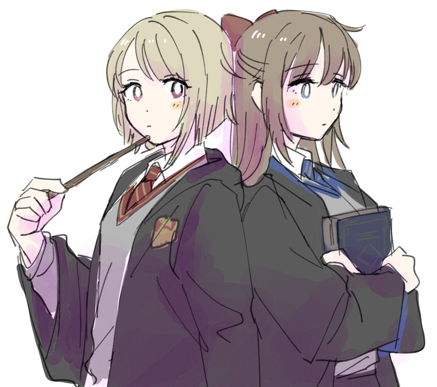 2girls asymmetrical_hair back-to-back blue_eyes blush bob_cut book bow brown_hair closed_mouth commentary_request crossover gryffindor hair_between_eyes hair_bow harry_potter_(series) highres hogwarts_school_uniform holding holding_book holding_wand light_brown_hair long_hair looking_afar looking_at_viewer love_live! love_live!_nijigasaki_high_school_idol_club multiple_girls nakasu_kasumi ousaka_shizuku ponytail ravenclaw red_eyes school_uniform short_hair sketch solllolll wand white_background