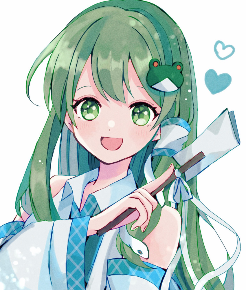1girl bangs bare_shoulders blush detached_sleeves frog_hair_ornament gohei green_eyes green_hair hair_between_eyes hair_ornament hair_tubes heart highres holding japanese_clothes kochiya_sanae long_hair nauka nontraditional_miko open_mouth simple_background smile snake_hair_ornament solo touhou upper_body white_background white_sleeves