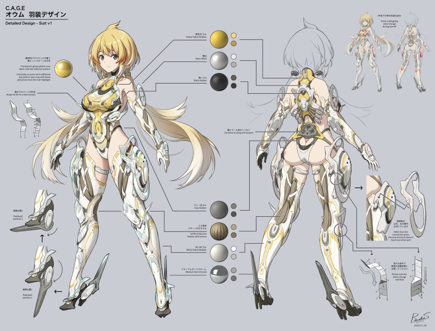 1girl arms_at_sides arrow_(symbol) ass blonde_hair breasts brown_eyes butt_crack color_guide commentary_request covered_navel elbow_gloves english_text from_behind full_body gloves gradient_hair grey_background high_heels highres large_breasts leotard long_hair looking_at_viewer mecha_musume multicolored_hair multiple_views original pinakes redhead reference_sheet short_hair_with_long_locks signature smile solo thigh-highs very_long_hair white_hair