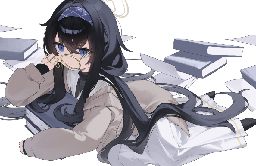 1girl bangs black_hair black_pantyhose blue_archive blue_eyes blue_hairband book cardigan closed_mouth crossed_bangs fallen_down glasses hairband halo highres light_frown long_hair long_skirt long_sleeves low_twintails no_shoes pantyhose pile_of_books round_eyewear sailor_collar sidelocks skirt solo tiko_(idadsa91) twintails ui_(blue_archive) very_long_hair white_sailor_collar white_skirt