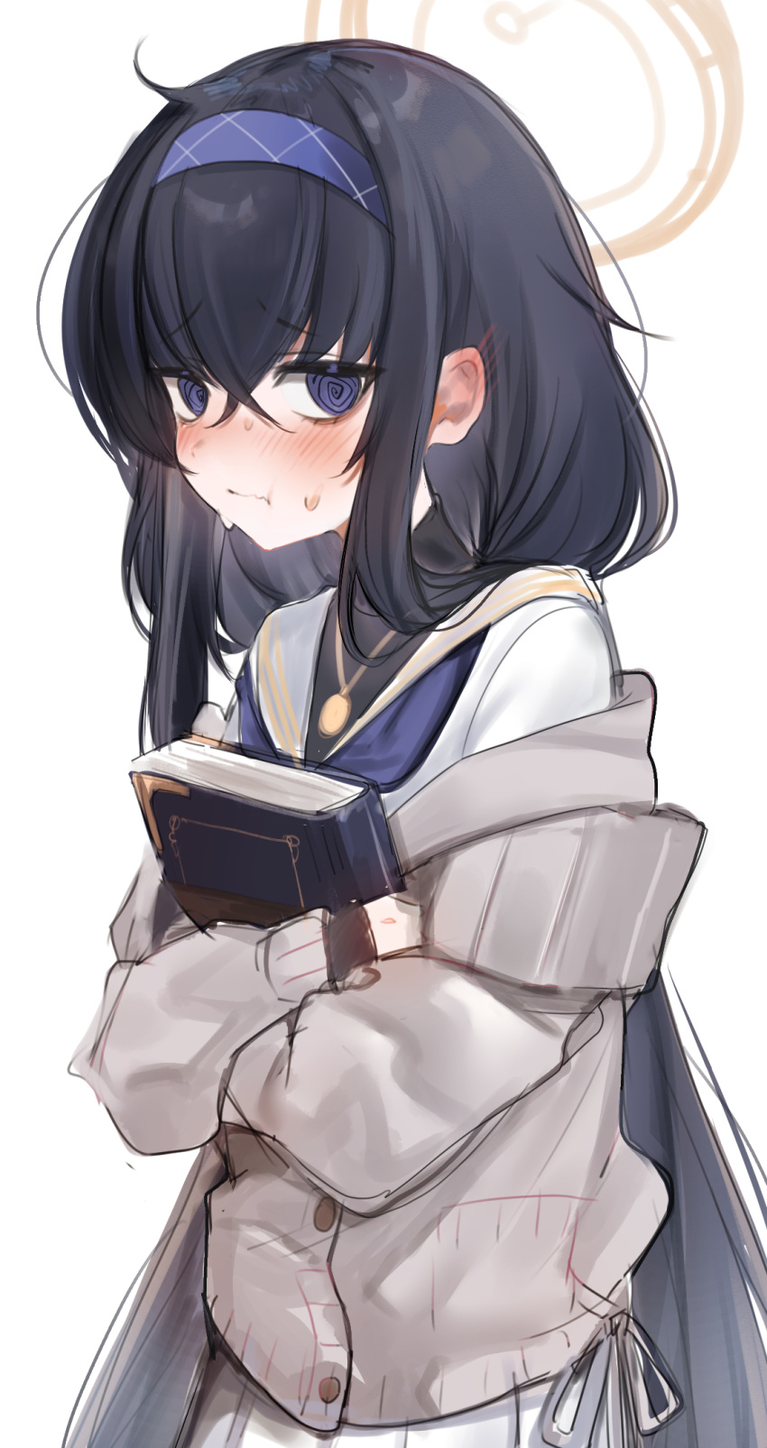 1girl :t @_@ bags_under_eyes black_hair blue_archive blue_eyes blue_neckerchief blush book book_hug card closed_mouth ear_blush hairband halo highres holding holding_book long_hair looking_at_viewer maru_ccy neckerchief object_hug raised_eyebrows sailor_collar shirt sidelocks simple_background skirt solo sweat ui_(blue_archive) upper_body very_long_hair white_background white_shirt white_skirt