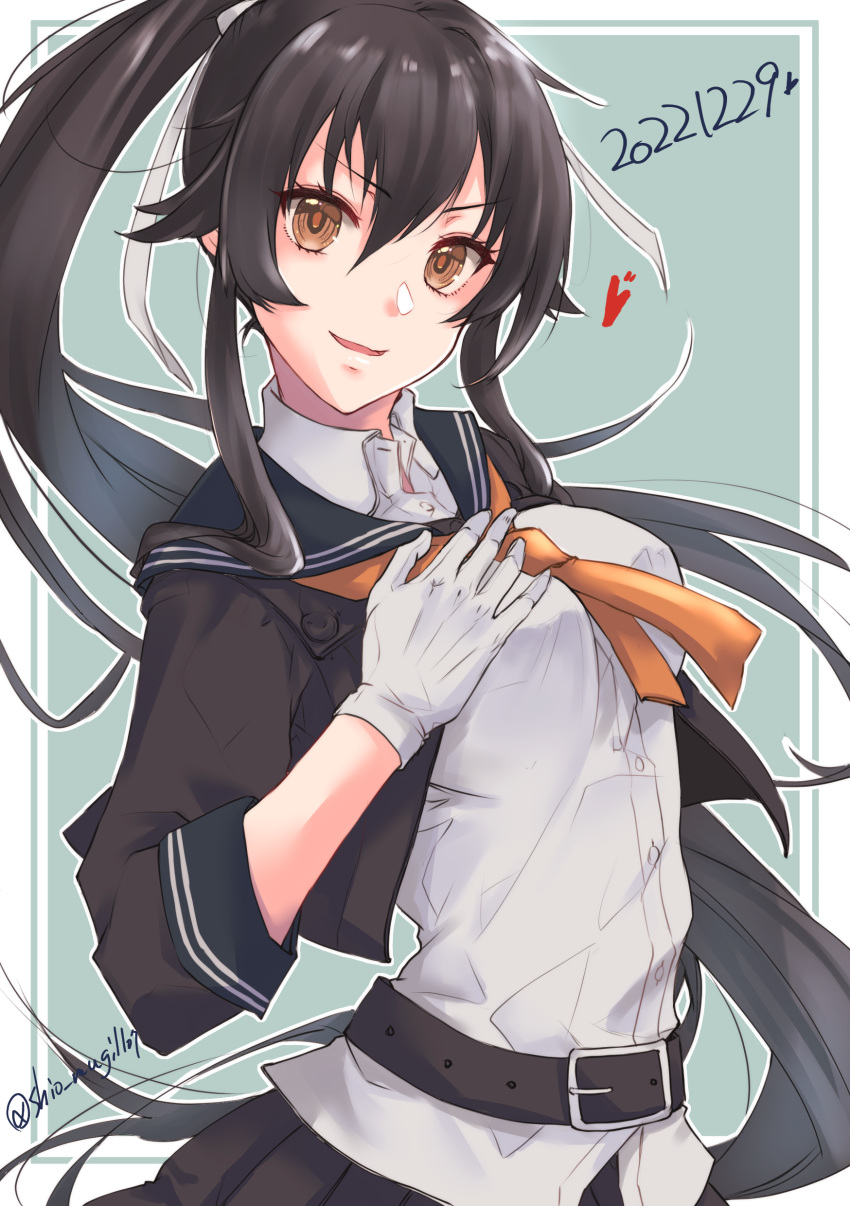 1girl absurdres belt black_belt black_hair black_skirt blush brown_eyes collared_shirt gloves hair_between_eyes highres kantai_collection long_hair neckerchief one-hour_drawing_challenge open_mouth orange_neckerchief pleated_skirt ponytail shio_mugi1107 shirt skirt smile solo twitter_username upper_body very_long_hair white_gloves white_shirt yahagi_(kancolle) yahagi_kai_ni_(kancolle)