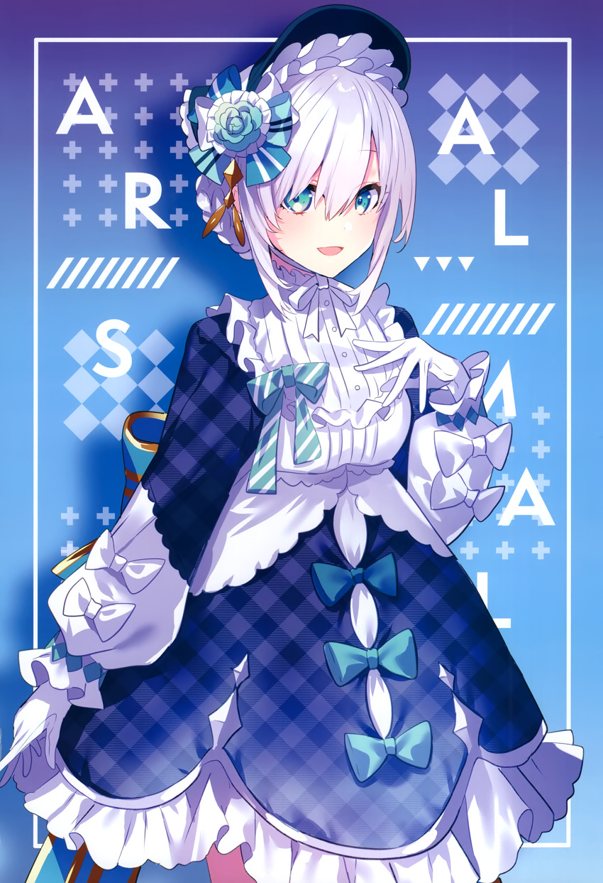 1girl :d absurdres ars_almal blue_background blue_bow blue_eyes bonnet bow character_name cowboy_shot dress frilled_dress frills gloves hair_between_eyes hair_bow hair_ornament hand_up highres long_sleeves looking_at_viewer nijisanji puffy_long_sleeves puffy_sleeves saine scan smile solo standing unmoving_pattern virtual_youtuber white_bow white_gloves white_hair