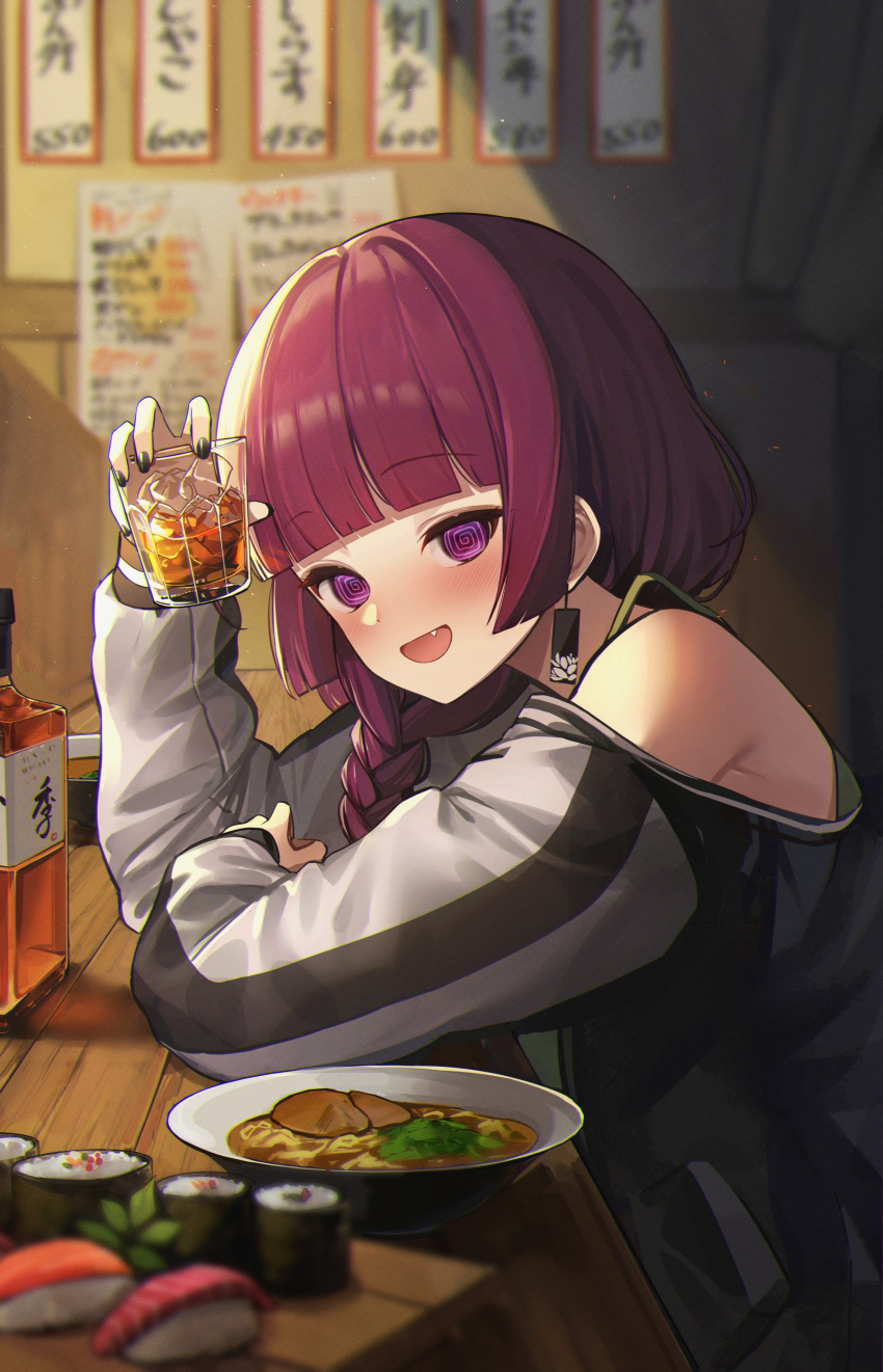1girl @_@ absurdres alcohol animal_ears black_jacket black_nails blurry blurry_background blurry_foreground blush bocchi_the_rock! bottle bowl braid braided_ponytail cup cutting_board drinking_glass fang food highres hiroi_kikuri holding holding_cup jacket long_hair long_sleeves looking_at_viewer looking_to_the_side lunia makizushi nigirizushi noodles off_shoulder open_mouth purple_hair ramen sitting smile solo sushi upper_body violet_eyes