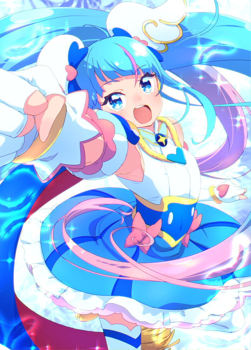 1girl ahoge arm_up armpits bangs blue_cape blue_dress blue_eyes blue_hair cape cure_sky detached_sleeves dress fingerless_gloves frilled_dress frills gloves hair_ornament highres hirogaru_sky!_precure long_hair looking_at_viewer magical_girl multicolored_cape multicolored_clothes multicolored_hair open_mouth petticoat pink_hair precure puffy_detached_sleeves puffy_sleeves red_cape solo sora_harewataru striped striped_dress sw_(taco) thigh-highs twintails vertical-striped_dress vertical_stripes very_long_hair white_gloves white_thighhighs