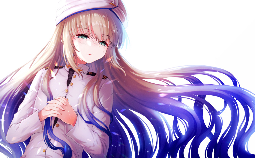 1boy anchor_symbol backlighting bangs black_shirt blue_hair blush brown_hair captain_nemo_(fate) commentary_request fate/grand_order fate_(series) floating_hair gradient_hair green_eyes hair_between_eyes hair_down half-closed_eyes hands_up hat_feather highres interlocked_fingers light_particles long_hair long_sleeves looking_at_viewer male_focus military military_uniform multicolored_hair naval_uniform nemo_(fate) own_hands_together parted_lips partially_unbuttoned shell_ocean shirt sidelocks solo turban uniform very_long_hair wet white_background white_headwear
