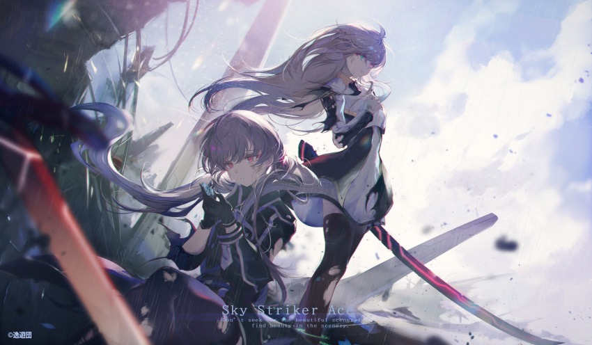 2girls black_necktie blonde_hair collared_dress cowlick dress duel_monster gloves glowing glowing_sword glowing_weapon green_eyes grey_hair heterochromia highres holding holding_sword holding_weapon kanaria_(fuusenkazura) long_hair long_sword long_tail low_twintails military military_uniform multiple_girls necktie pantyhose red_eyes sky_striker_ace_-_raye sky_striker_ace_-_roze sword tail thigh-highs twintails two-tone_dress uniform weapon yu-gi-oh!
