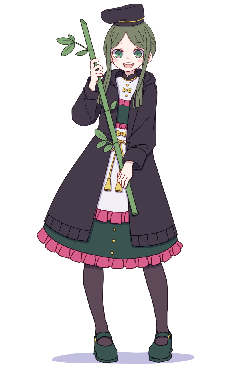 1girl :d absurdres apron bamboo black_coat black_headwear black_pantyhose blush_stickers bow buttons coat dress frilled_dress frills full_body green_dress green_eyes green_footwear green_hair hat highres holding kame_(kamepan44231) one-hour_drawing_challenge open_clothes open_coat open_mouth pantyhose round_teeth shoes short_hair_with_long_locks sidelocks simple_background smile solo standing teeth teireida_mai touhou upper_teeth_only waist_apron white_apron white_background yellow_bow