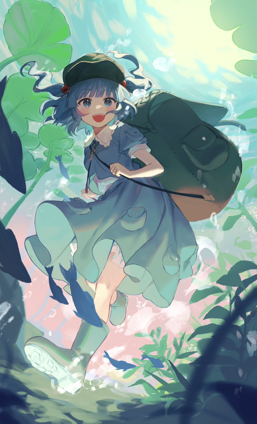 1girl :d backpack bag bangs blue_eyes blue_hair blunt_bangs boots floating_hair from_below full_body hair_bobbles hair_ornament hat highres jill_07km kawashiro_nitori key leaf open_mouth outdoors overexposure plant skirt smile solo teeth touhou two_side_up underwater upper_teeth_only