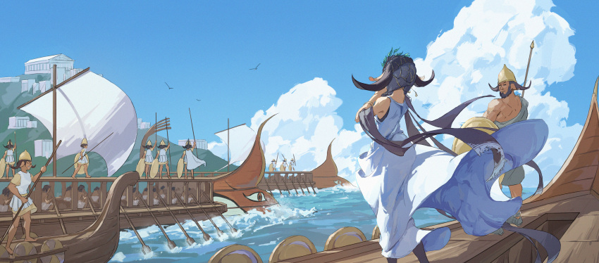 1girl 6+boys absurdres animal_ears arknights bare_shoulders black_hair blue_sky boat braid cow_boy cow_ears cow_girl cow_horns day dress feet_out_of_frame helmet highres horns long_hair multiple_boys ocean official_alternate_costume outdoors pallas_(arknights) pallas_(heritage)_(arknights) sky sllee91646 standing tunic twin_braids water watercraft white_dress