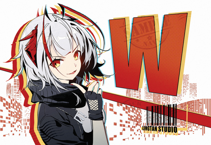 1girl :d antenna_hair arknights barcode black_gloves black_jacket black_scarf character_name fingerless_gloves gloves grey_hair grey_shirt horns index_finger_raised jacket jacknavy multicolored_hair nail_polish open_clothes open_jacket open_mouth red_eyes red_nails redhead scarf shirt short_hair smile solo two-tone_hair upper_body v-shaped_eyebrows w_(arknights)