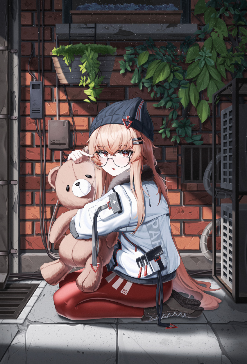 1girl absurdres air_conditioner beanie black_footwear black_headwear boots brick_wall brown_hair di_le_to from_side full_body girls_frontline glasses gutter hair_ornament hairclip hat highres jacket knee_boots long_hair long_sleeves looking_at_viewer looking_to_the_side object_hug open_mouth outdoors pants plant potted_plant red_eyes red_pants round_eyewear seiza sitting solo stone_floor stuffed_animal stuffed_toy teddy_bear type_80_(girls'_frontline) very_long_hair white_jacket yoga_pants