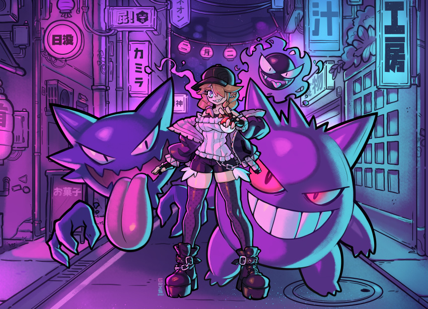 +_+ 1girl absurdres artist_name baseball_cap belt_buckle black_footwear black_gloves black_headwear black_jacket black_shorts blue_eyes blue_theme boots buckle building commentary commission dated earclip english_commentary fingerless_gloves full_body gastly gengar gloves grey_thighhighs gris-9 hair_over_one_eye hair_over_shoulder hat haunter highres holding holding_poke_ball jacket lantern long_sleeves looking_at_viewer low_twintails manhole_cover neon_lights neon_palette night night_sky off-shoulder_sweater off_shoulder orange_hair outdoors outstretched_hand pink_theme platform_boots platform_footwear poke_ball poke_ball_(basic) pokemon pokemon_(creature) ribbed_sweater road sharp_teeth shorts skindentation sky standing storefront straight-on street sweater symbol-shaped_pupils teeth thick_eyebrows thigh-highs twintails white_sweater