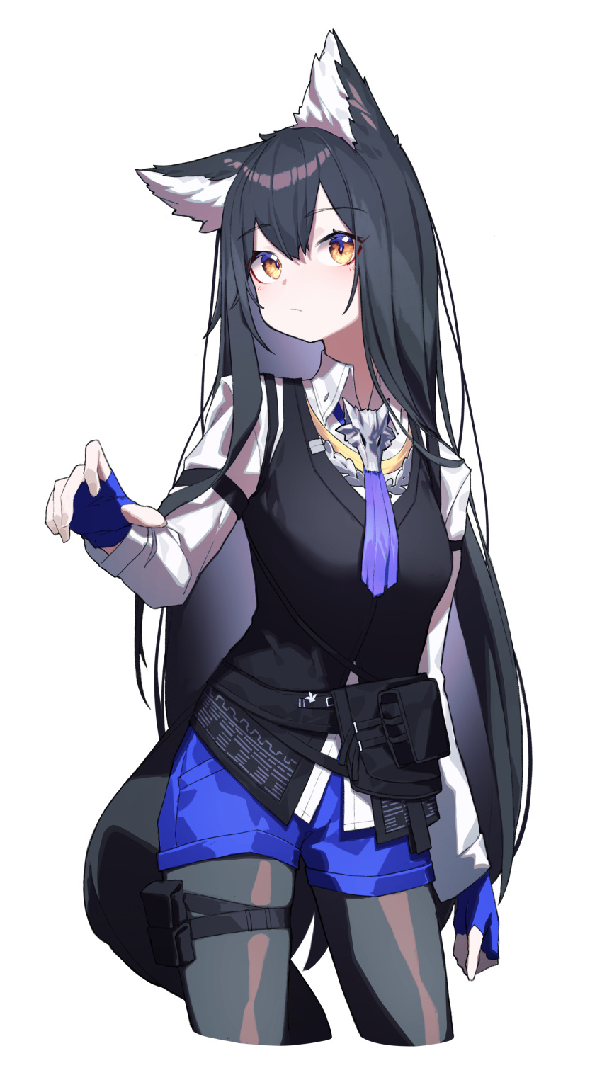 1girl absurdres animal_ears arknights bangs belt belt_pouch beudelb black_hair black_pantyhose black_vest blue_gloves blue_shorts closed_mouth collared_shirt cropped_legs fingerless_gloves gloves highres long_hair long_sleeves looking_at_viewer pantyhose pouch shirt shorts simple_background solo tail texas_(arknights) texas_the_omertosa_(arknights) thigh_strap very_long_hair vest white_background white_shirt wolf_ears wolf_girl wolf_tail yellow_eyes