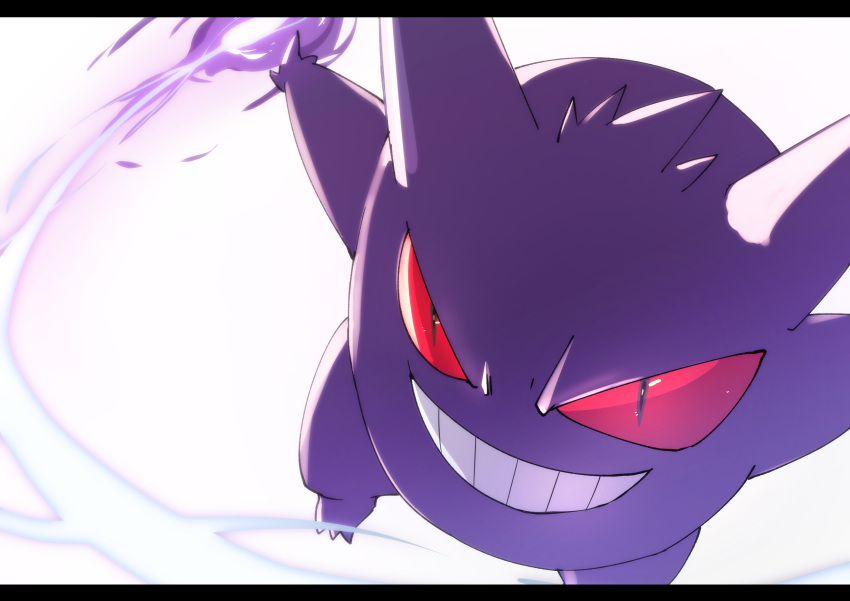 absurdres commentary_request energy gengar grin highres looking_at_viewer no_humans outstretched_arms pokemon pokemon_(creature) roncha_(shumokumoku) smile solo teeth white_background