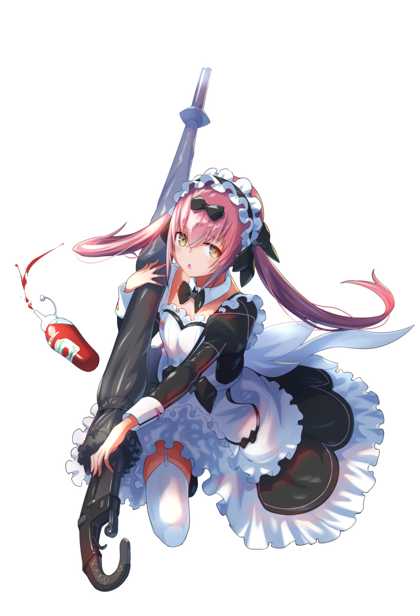 1girl absurdres apron black_bow black_bowtie black_dress blush bottle bow bowtie breasts chestnut_mouth cocoa_(nikke) commentary detached_collar dress floating_hair frilled_dress frilled_hairband frills full_body fune_(fune93ojj) garter_straps goddess_of_victory:_nikke gun hair_between_eyes hair_bow hairband highres holding holding_gun holding_umbrella holding_weapon juliet_sleeves ketchup kneeling long_hair long_sleeves looking_at_viewer maid maid_apron maid_headdress parted_lips pink_hair puffy_sleeves simple_background small_breasts solo thigh-highs twintails umbrella umbrella_gun weapon white_apron white_background white_thighhighs yellow_eyes