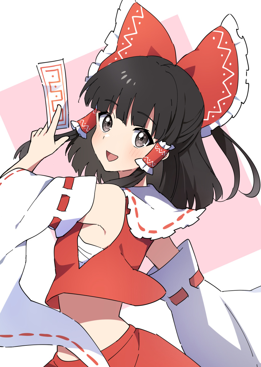 1girl :d ascot bangs bare_shoulders between_fingers black_hair blunt_bangs blush bow detached_sleeves frilled_bow frills grey_eyes hair_bow hair_tubes hakurei_reimu hand_up highres holding japanese_clothes long_sleeves looking_at_viewer looking_back midriff miko miz_(mizillustration) nontraditional_miko ofuda open_mouth red_bow ribbon-trimmed_sleeves ribbon_trim sarashi smile solo touhou twisted_torso upper_body wide_sleeves