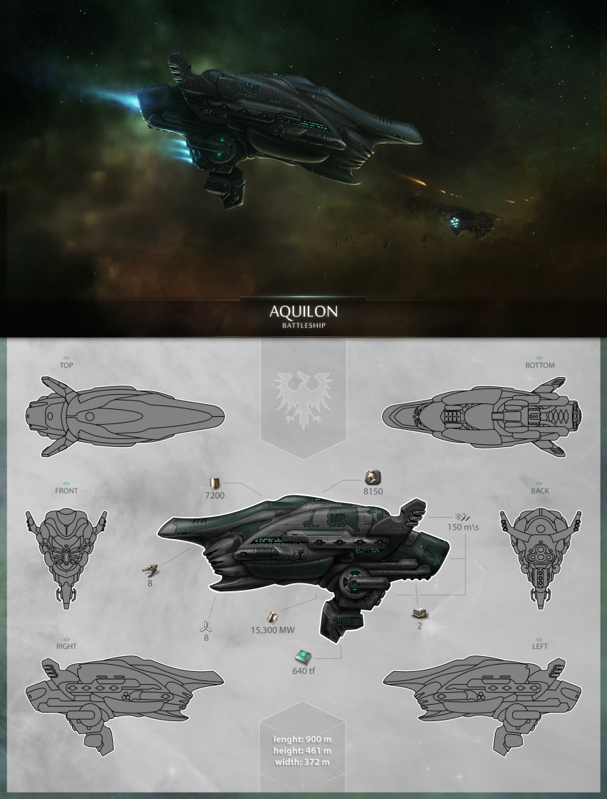 absurdres battle battleship_(eve_online) cannon commentary concept_art damaged dust_cloud english_text eve_online firing flying from_above from_behind from_below from_side gallente_federation_(eve_online) glowing highres missile_pod multiple_views no_humans original outdoors photoshop_(medium) polarlex realistic science_fiction sky smoke space spacecraft star_(sky) starry_sky thrusters tracer_fire turret