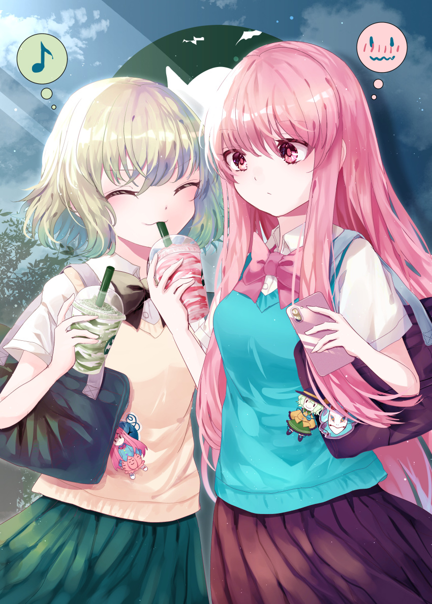 2girls ^_^ absurdres black_bow black_bowtie blue_sky blue_sweater bow bowtie cellphone character_doll closed_eyes clouds commentary_request drinking_straw food green_hair green_skirt hata_no_kokoro highres holding holding_phone komeiji_koishi long_hair multiple_girls musical_note outdoors phone pink_bow pink_bowtie pink_eyes pink_hair red_skirt school_uniform short_hair short_sleeves skirt sky smile soraki_(marisa_syou) spoken_musical_note sweater thought_bubble touhou yellow_sweater