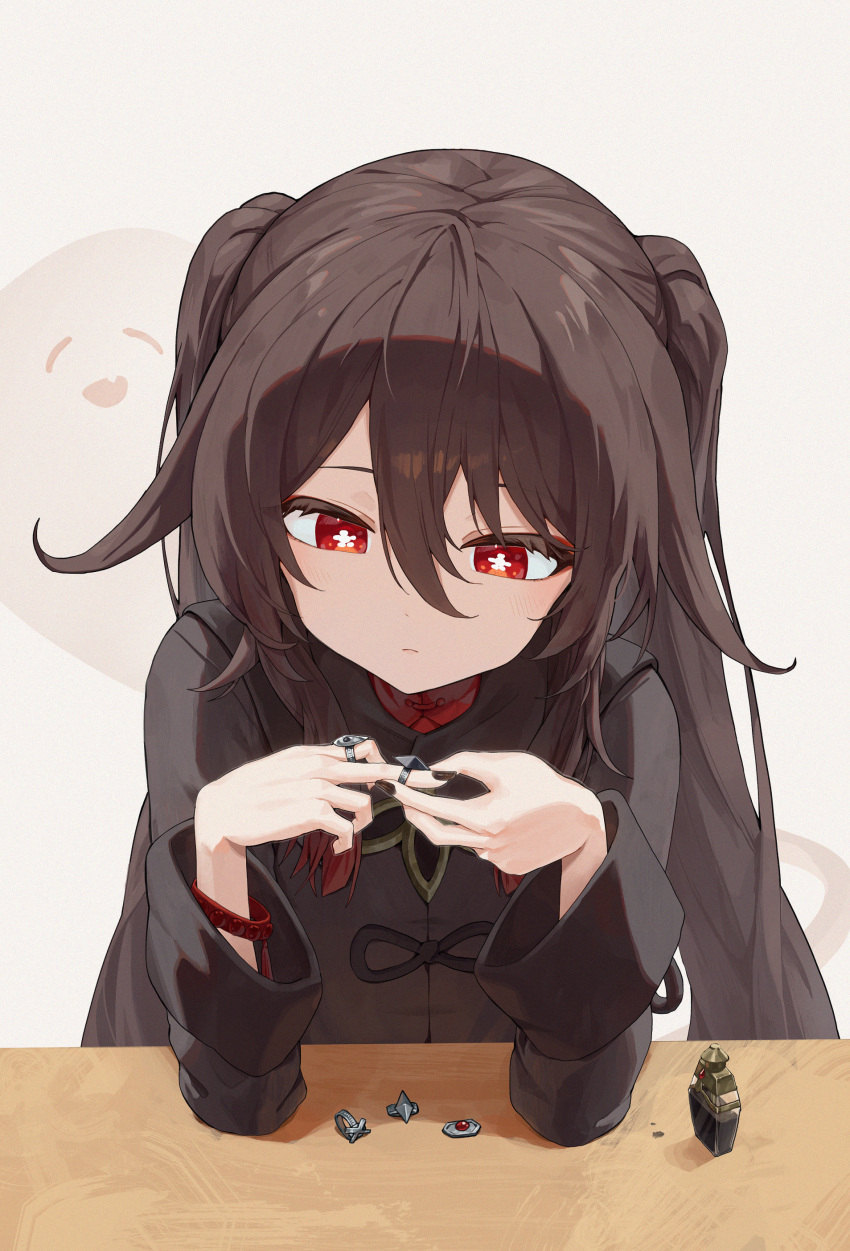 1girl absurdres bangs black_nails blush boo_tao_(genshin_impact) bracelet brown_coat brown_hair chinese_clothes closed_mouth coat commentary flower-shaped_pupils genshin_impact ghost hair_between_eyes highres hu_tao_(genshin_impact) jewelry long_hair long_sleeves looking_down mandarin_collar multiple_rings pellas_(panix2383) red_eyes red_shirt ring shirt sidelocks solo symbol-only_commentary symbol-shaped_pupils twintails upper_body white_background