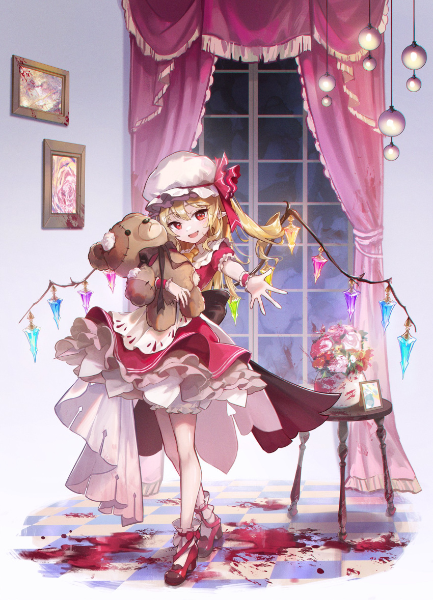 1girl absurdres animal_ears apron arm_up ascot back_bow bangs bear_ears blonde_hair blood blood_on_ground bloomers blush bow brown_bow collared_dress crystal curtains dress flandre_scarlet floor flower footwear_bow frills full_body hair_between_eyes hands_up hat hat_ribbon highres holding holding_stuffed_toy hug indoors jar jewelry kyusoukyu lamp leaf looking_at_viewer mob_cap multicolored_wings night one_side_up open_mouth orange_ascot picture_(object) pink_bow pink_dress pink_flower pink_footwear pink_ribbon pink_rose pointy_ears puffy_short_sleeves puffy_sleeves red_eyes ribbon rose shoes short_hair short_sleeves smile socks solo standing stuffed_animal stuffed_toy teddy_bear tongue touhou underwear wall white_apron white_flower white_headwear white_rose white_socks window wing_collar wings wrist_cuffs