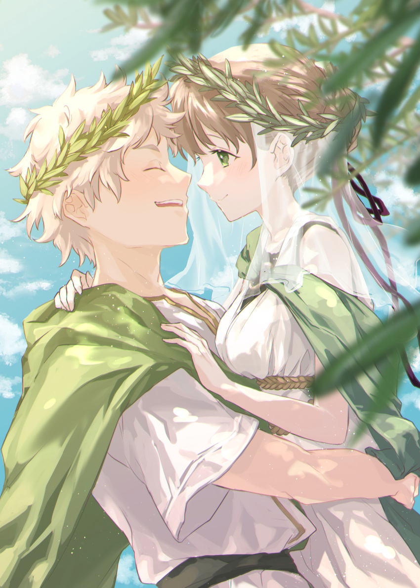 1boy 1girl blue_sky blush branch chiton closed_eyes clouds day face-to-face greek_clothes green_eyes hair_bun hair_ribbon hand_on_another's_chest highres hug laurel_crown light_brown_hair looking_at_another olive_branches original outdoors parted_lips peco_(ppeco0) ribbon single_hair_bun sky smile veil white_hair