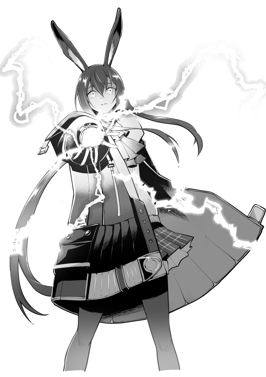 1girl absurdres amiya_(arknights) animal_ears arknights bangs cropped_legs electricity greyscale hair_between_eyes highres hood hood_down hooded_jacket jacket jewelry long_hair long_sleeves looking_at_viewer low_ponytail monochrome open_clothes open_jacket outstretched_arm pantyhose parted_lips pleated_skirt ponytail rabbit_ears ring shirt sidelocks simple_background skirt solo toxin000x very_long_hair white_background