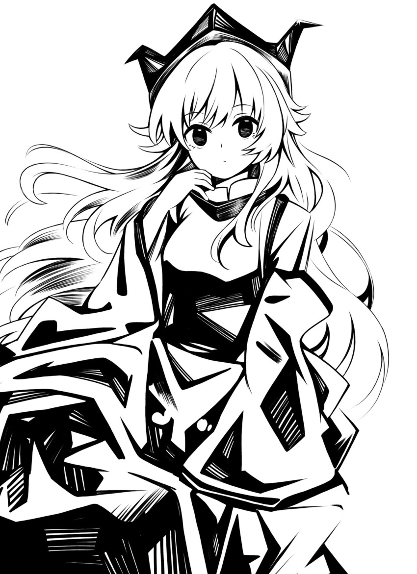 1341398tkrtr 1girl bangs closed_mouth hat high_contrast highres long_hair long_sleeves looking_at_viewer matara_okina monochrome simple_background solo tabard touhou tricorne