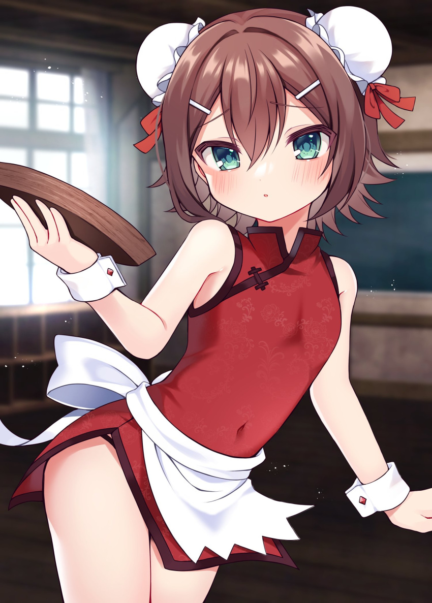 1boy androgynous apron baka_to_test_to_shoukanjuu bare_shoulders brown_hair china_dress chinese_clothes covered_navel double_bun dress green_eyes hair_bun hair_ornament hairclip highres kinoshita_hideyoshi looking_at_viewer male_focus medium_hair official_alternate_costume otoko_no_ko red_dress waist_apron white_apron wrist_cuffs zenchi_(061799)