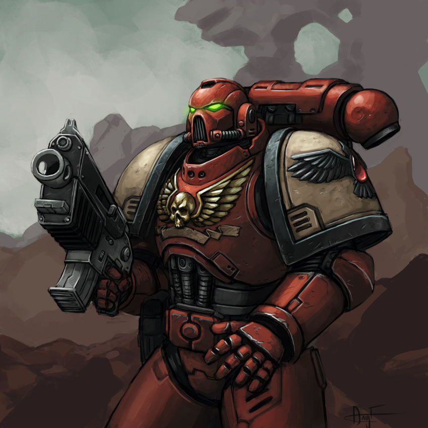 1boy absurdres adeptus_astartes armor blood_drop blood_ravens blue_sky bolter clouds cloudy_sky fonteart green_eyes gun helmet highres holding holding_gun holding_weapon outdoors pauldrons power_armor shoulder_armor signature skull_ornament sky solo space_marine upper_body warhammer_40k weapon