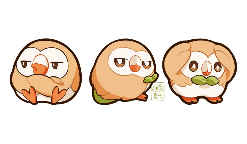 artist_name bow bowtie crossed_arms green_bow green_bowtie hands_on_own_head highres looking_at_viewer looking_back multiple_views no_humans pokemon pokemon_(creature) rowlet simple_background sitting teletelo unamused wide-eyed