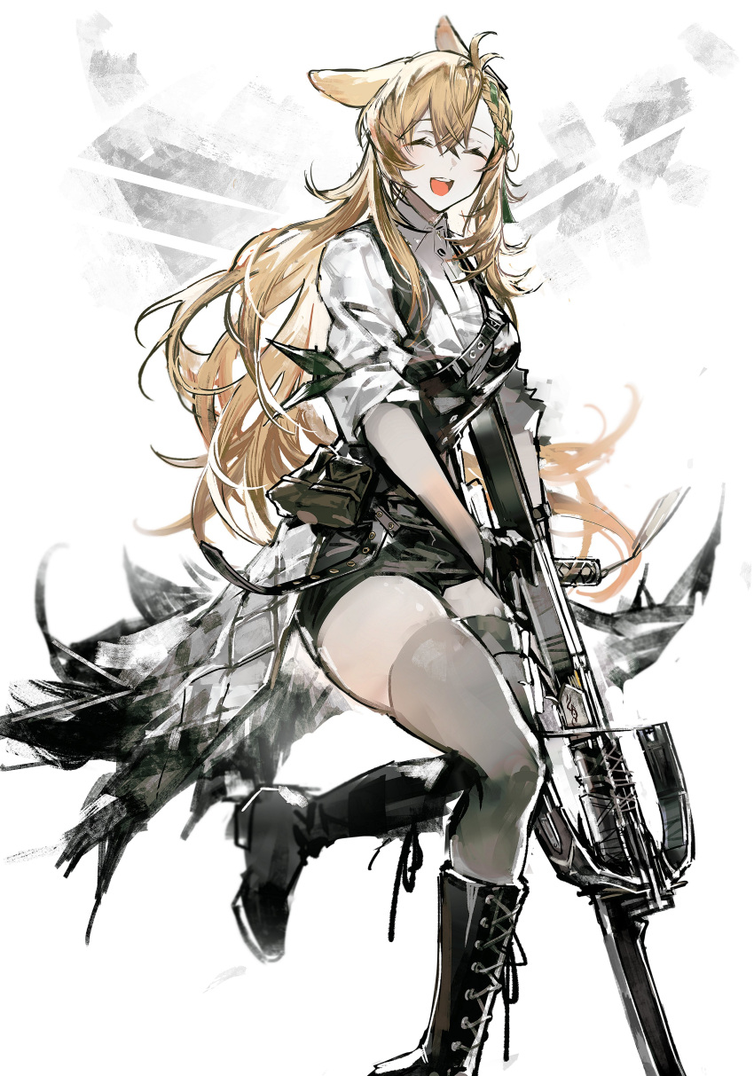 1girl ^_^ absurdres animal_ears arknights belt black_footwear black_shorts black_vest blonde_hair boots braid braided_bangs closed_eyes coattails collared_shirt crossbow facing_viewer grey_thighhighs highres kroos_(arknights) kroos_the_keen_glint_(arknights) long_hair long_sleeves open_mouth rabbit_ears remsrar shirt shorts simple_background skindentation smile solo teeth thigh-highs upper_teeth_only very_long_hair vest white_background white_shirt