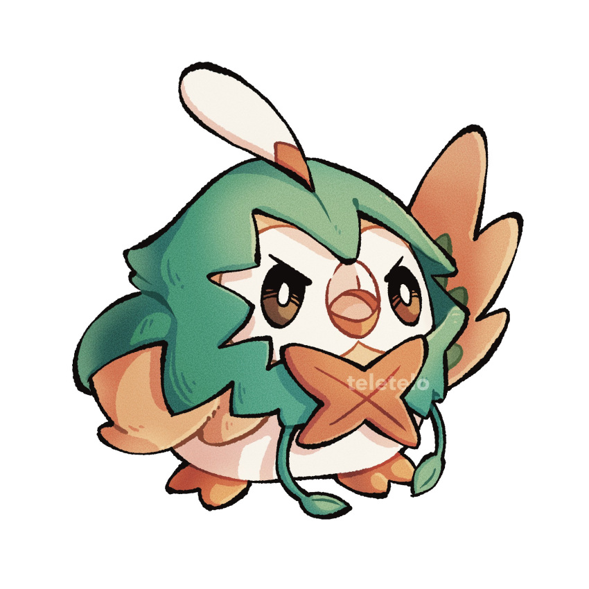 arm_up artist_name brown_eyes cosplay decidueye decidueye_(cosplay) highres no_humans open_mouth pokemon pokemon_(creature) rowlet simple_background teletelo watermark wings