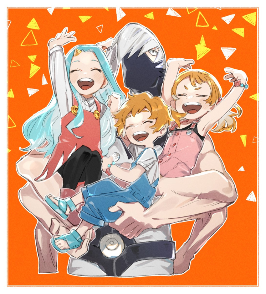 2boys 2girls \o/ ^_^ ^o^ arm_behind_back arm_up arms_up bangs bare_shoulders belt black_eyes black_pantyhose black_tank_top blue_footwear blue_hair blue_overalls blush boku_no_hero_academia border bracelet brother_and_sister brown_hair buttons carrying child_carry clenched_hands closed_eyes collared_shirt covered_face cropped_arms cropped_torso dot_nose dress dress_shirt eri_(boku_no_hero_academia) excited extra_arms female_child film_grain freckles grey_hair hair_over_one_eye happy highres horns jewelry long_hair long_sleeves male_child mask multiple_boys multiple_girls open_mouth orange_background outline outstretched_arms overalls pantyhose patterned_background pinafore_dress raised_eyebrows sandals shimano_katsuma shimano_mahoro shirt short_eyebrows short_hair short_sleeves shouji_mezou siblings single_horn sleeveless smile tank_top teeth triangle twintails upper_teeth_only v-shaped_eyebrows white_border white_outline white_shirt wing_collar yuu_yuugekisyu