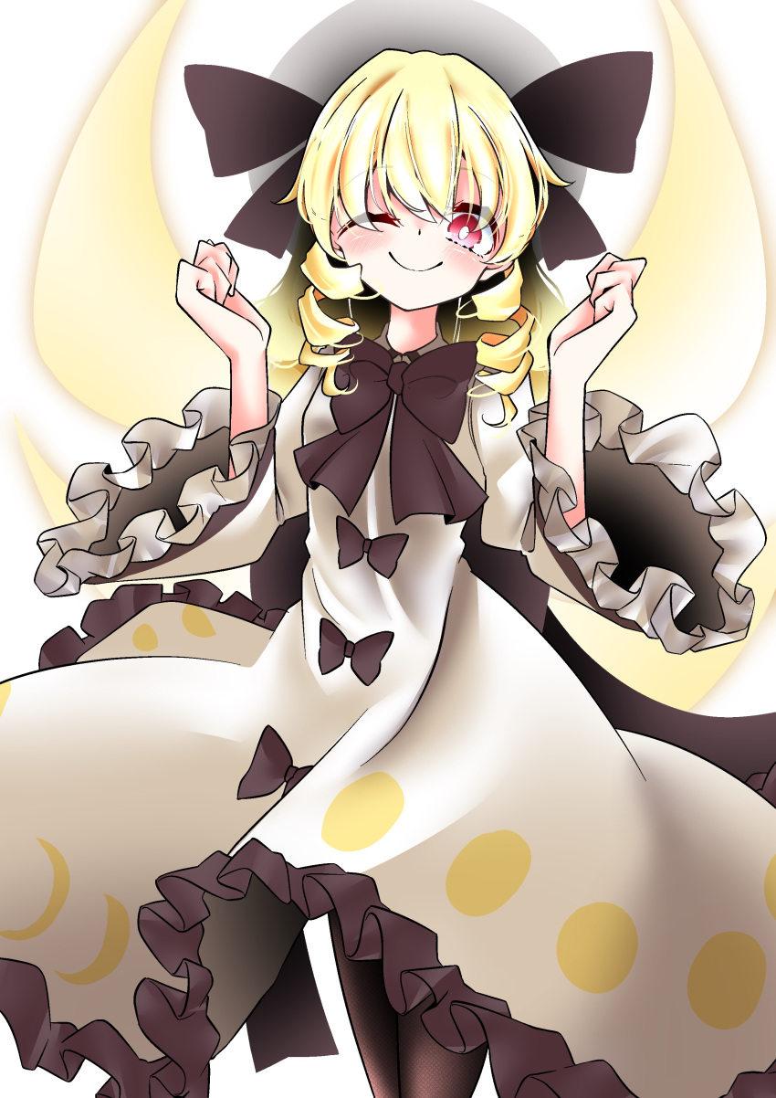 1girl absurdres black_ribbon blonde_hair blush crescent dress drill_hair fairy fairy_wings full_moon highres looking_at_viewer luna_child moon noci_(fumei_no_kuni) one_eye_closed red_eyes ribbon smile solo touhou white_dress white_headwear wings yellow_wings