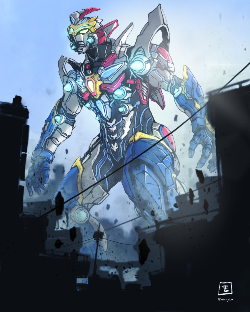 absurdres artist_logo blue_sky building city commentary day debris gridman_(character) gridman_universe gridman_universe_(film) highres looking_ahead mecha moyan outdoors power_lines procreate_(medium) robot science_fiction sky solo standing utility_pole yellow_eyes