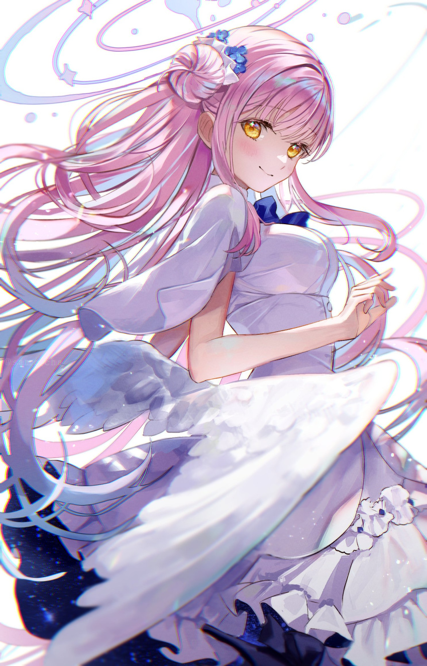 1girl angel_wings bangs blue_archive blue_bow blue_bowtie blurry blush bow bowtie breasts depth_of_field dress foreshortening hair_bun hair_ornament halo highres long_hair looking_at_viewer low_wings mechanical_halo medium_breasts mika_(blue_archive) multicolored_hair pink_hair samo_cha sidelocks smile solo two-tone_dress very_long_hair white_dress white_wings wings yellow_eyes