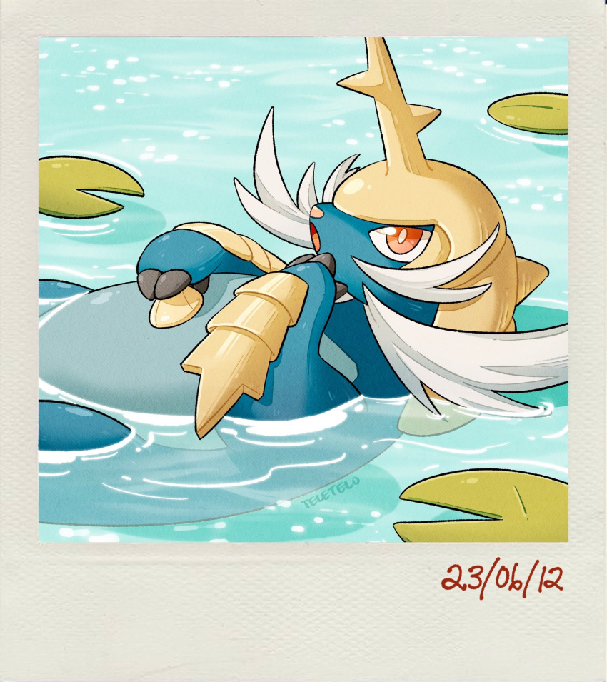 :o artist_name dated english_commentary from_side highres holding holding_shell horns looking_at_viewer no_humans open_mouth pokemon pokemon_(creature) red_eyes samurott shell single_horn teletelo water