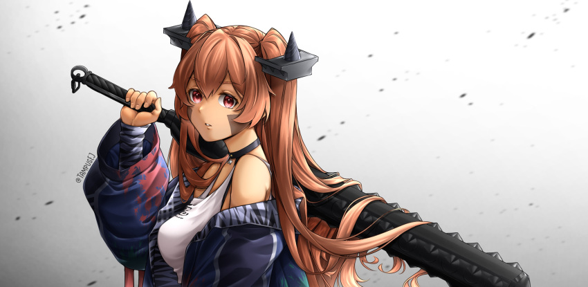 1girl blue_jacket breasts brown_hair club_(weapon) fake_horns highres holding_club horns jacket johnston_(kancolle) kanabou kantai_collection kazaharu_matsuhata light_brown_hair long_hair long_sleeves medium_breasts official_alternate_costume oni_horns open_clothes open_jacket red_eyes setsubun solo spiked_club tank_top two_side_up upper_body weapon white_tank_top