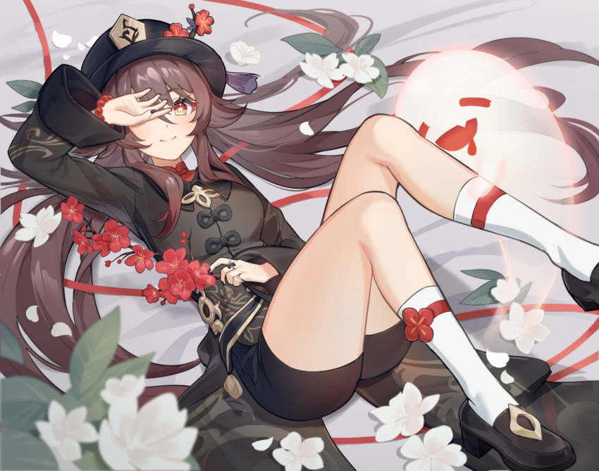 1girl boo_tao_(genshin_impact) brown_hair chibi_vanille closed_eyes covering_one_eye drooling flower full_moon genshin_impact hand_on_own_face hat hu_tao_(genshin_impact) legs long_sleeves lying moon on_back open_mouth porkpie_hat red_eyes shorts smile symbol-shaped_pupils thighs twintails